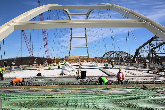 Crews work on the joints of the main span of the new Eggners Ferry Bridge in March 2016.