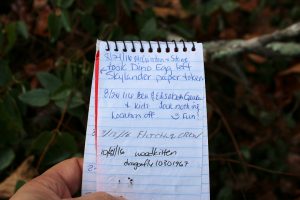 The log book from a geocache in Ivy Cemetery in Calloway County.